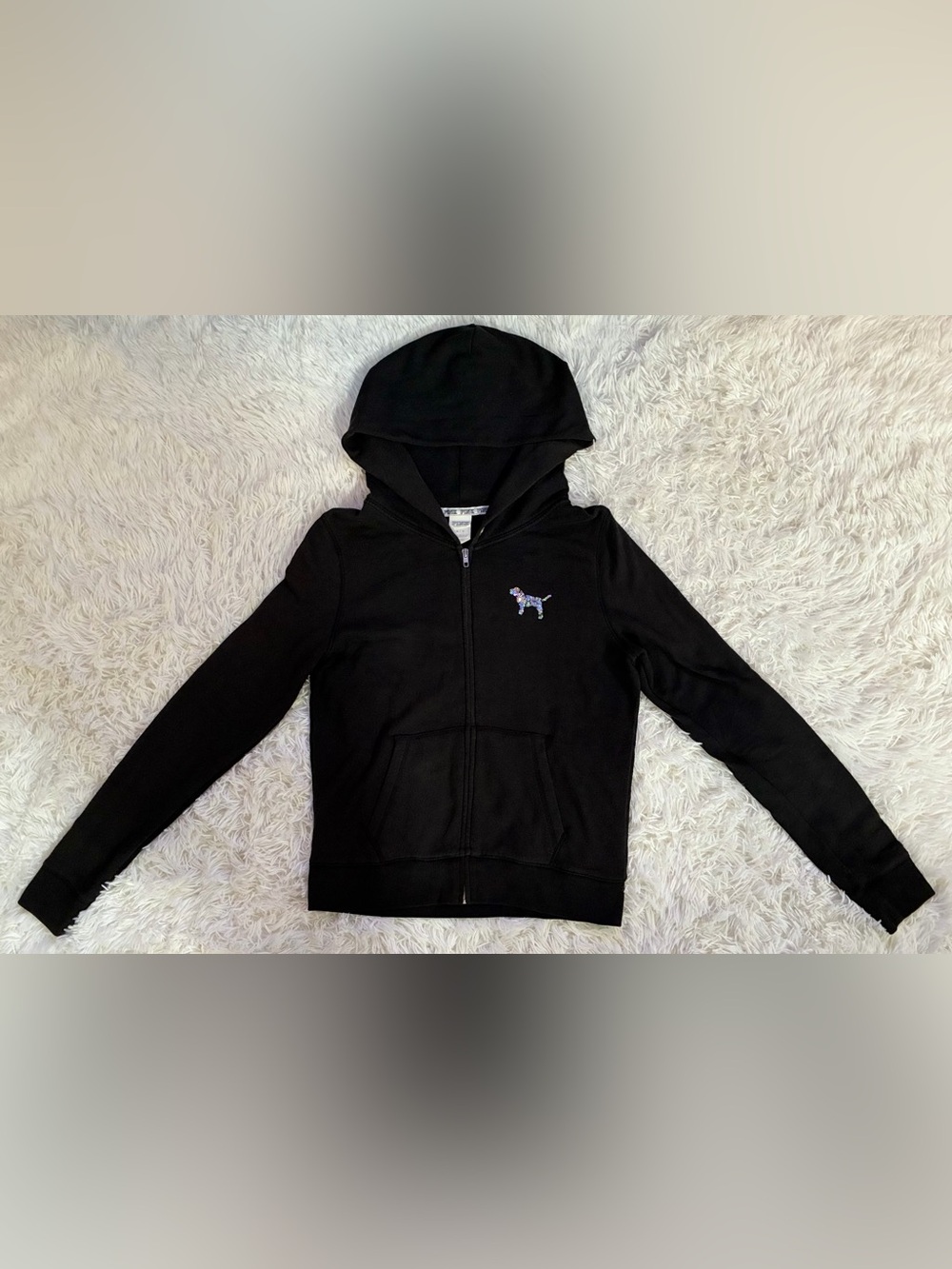 Victorias Secret PINK Y2K 2010s Sequin Bling Lounge Zip Up Hoodie Logo Black S - Picture 2 of 9